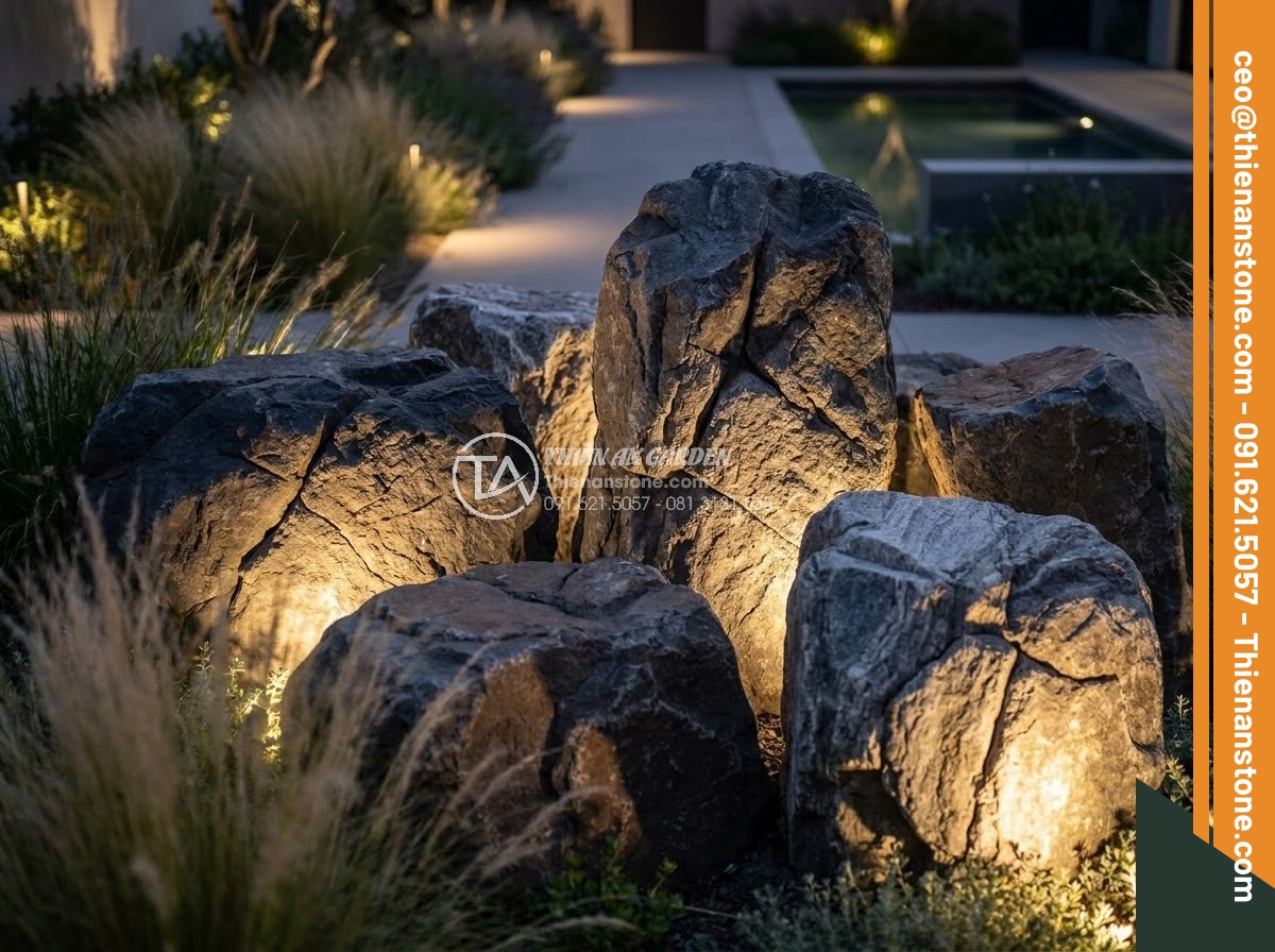Đá Da Voi Làm Tiểu Cảnh - Elephant skin stone arrangement with dramatic uplighting at night, textured surf