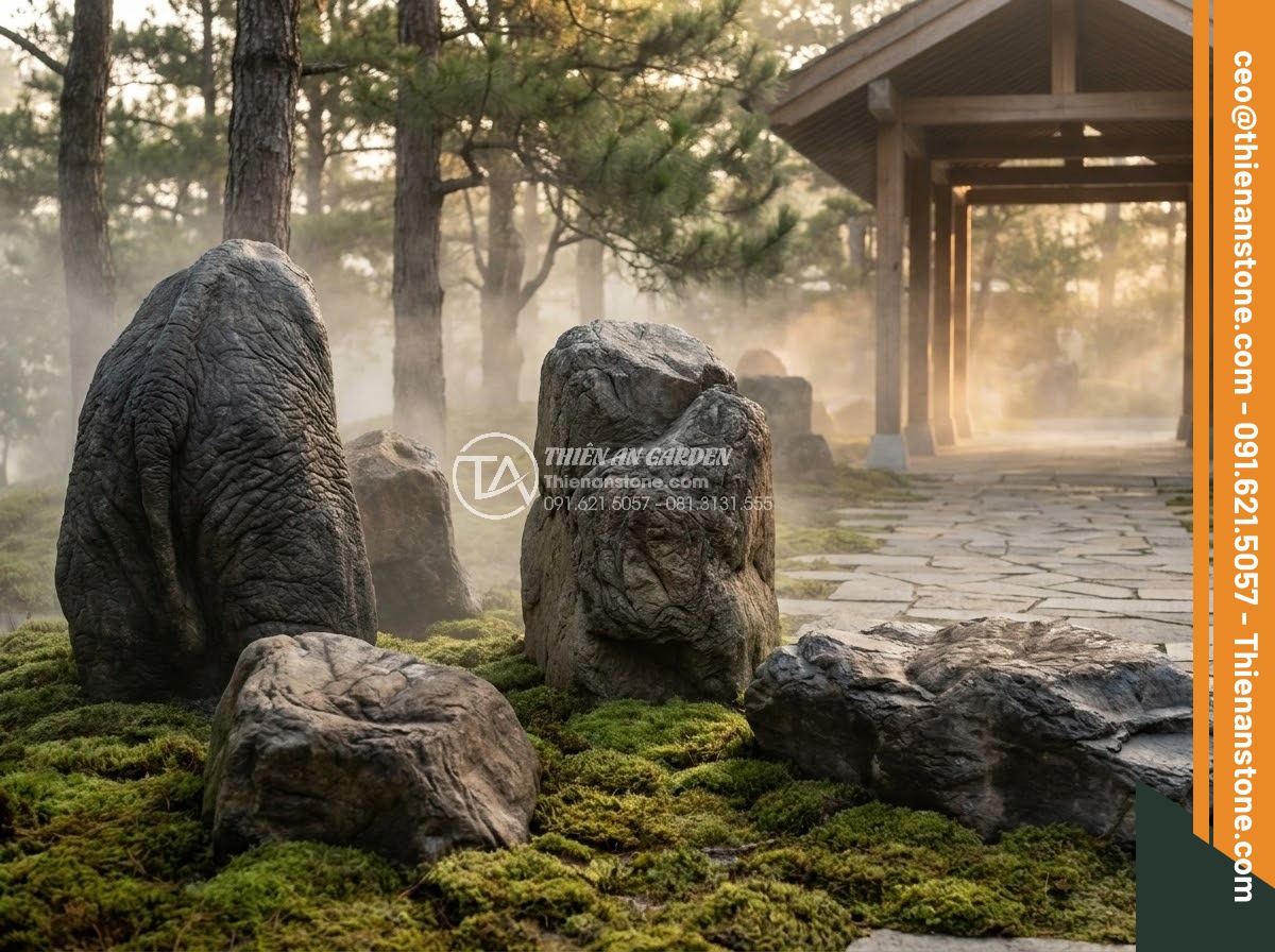 Đá Da Voi Làm Tiểu Cảnh - Large elephant skin stones in a luxury highland resort garden entrance, morning 