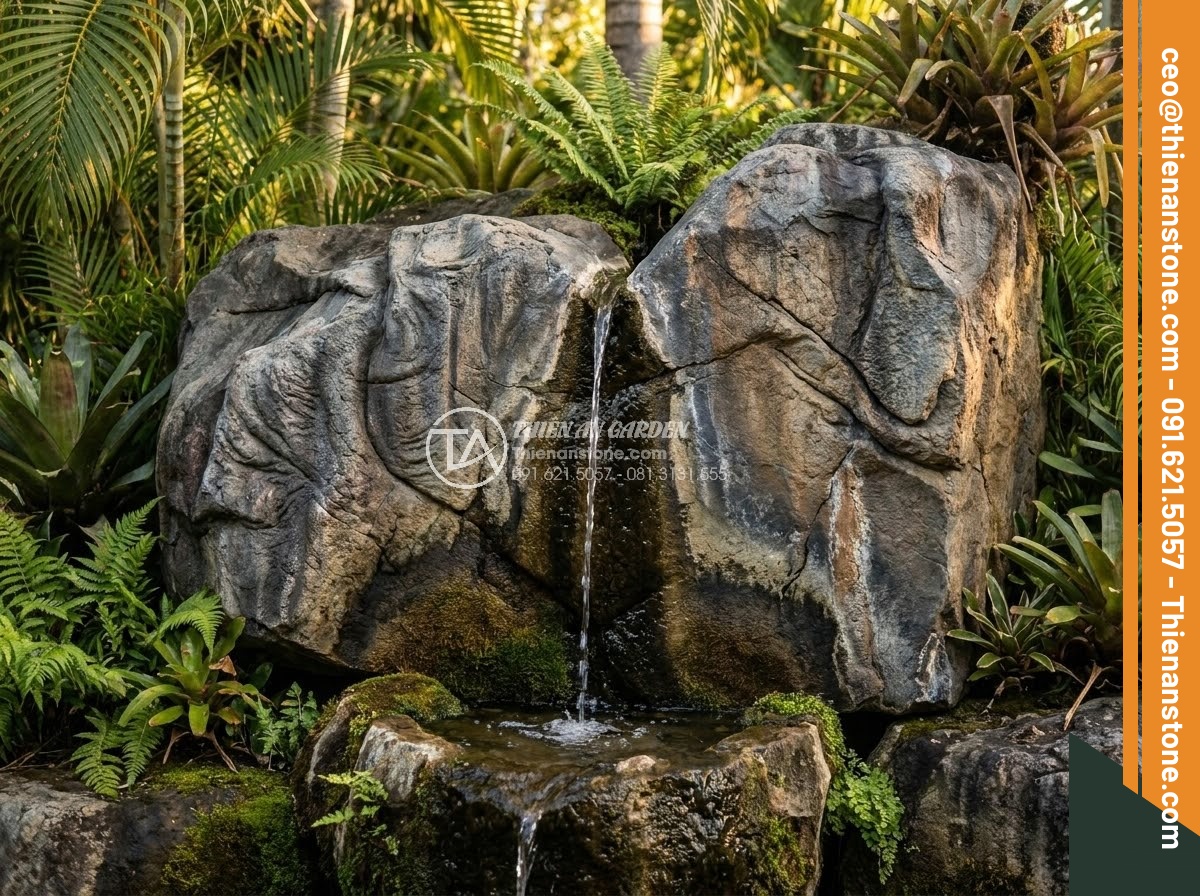 Đá Da Voi Làm Tiểu Cảnh - Elephant skin stone water feature in luxury villa garden, thin stream of water f