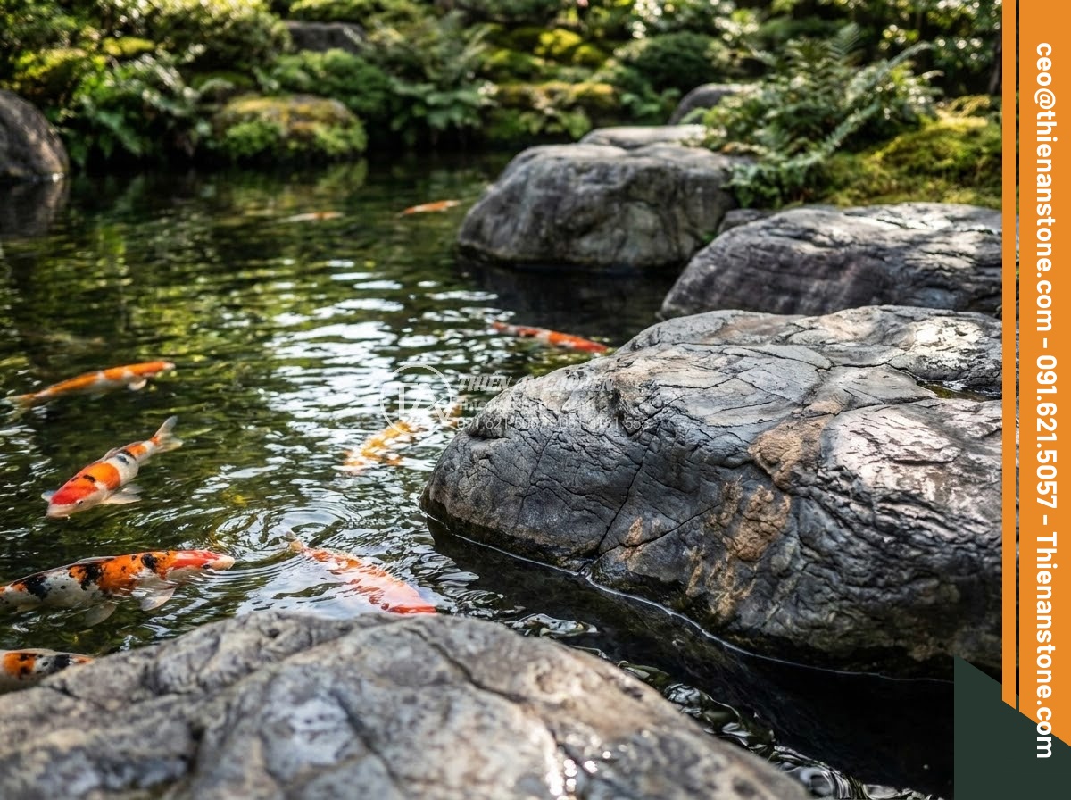 Đá Da Voi Làm Tiểu Cảnh - Elephant skin stones arranged along the edge of a koi pond, colorful koi fish sw