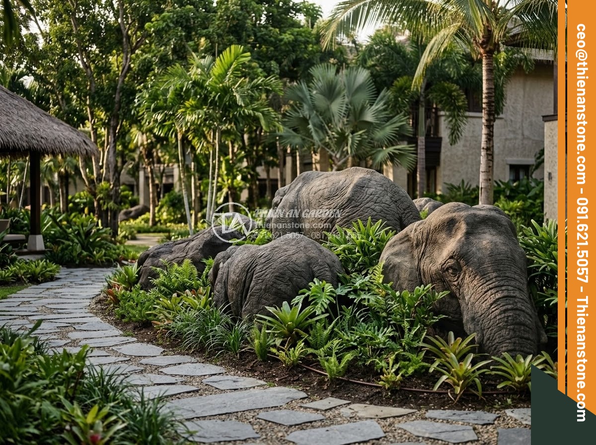 Đá Da Voi Làm Tiểu Cảnh - Large scale non bo rock arrangement using elephant skin stones in a resort lands
