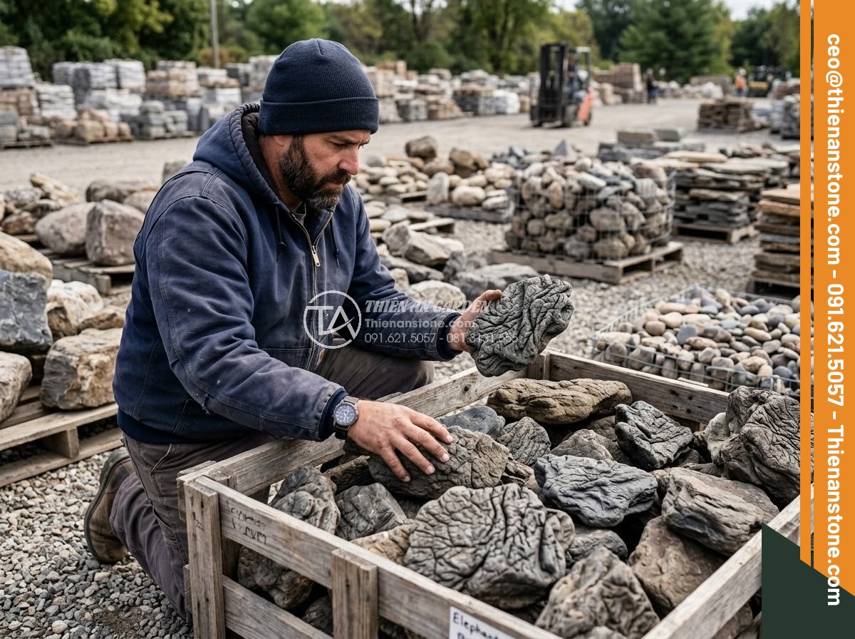 Đá Da Voi Làm Tiểu Cảnh - Customer carefully examining elephant skin stones at outdoor stone yard, compari