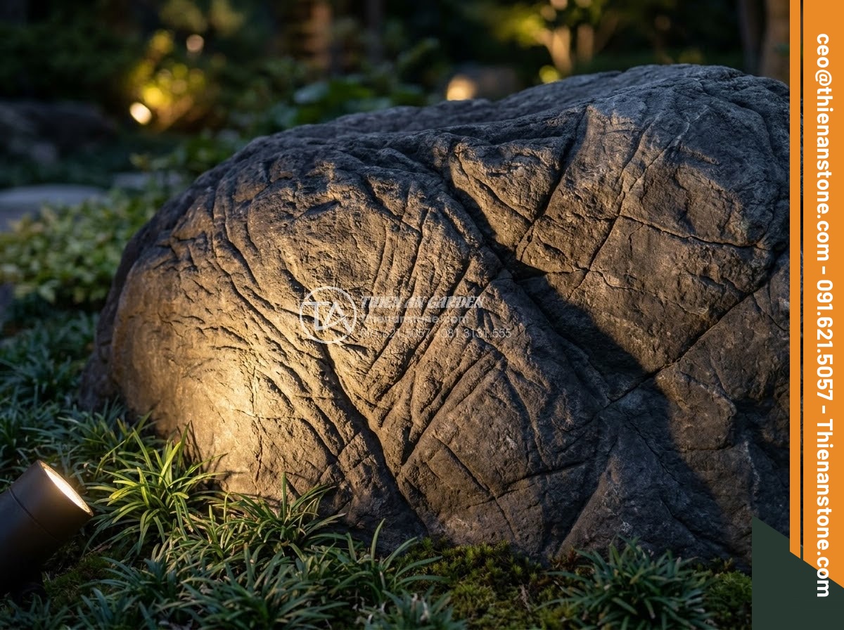 Đá Da Voi Làm Tiểu Cảnh - Elephant skin stone illuminated by warm garden spotlight at night, deep shadows 