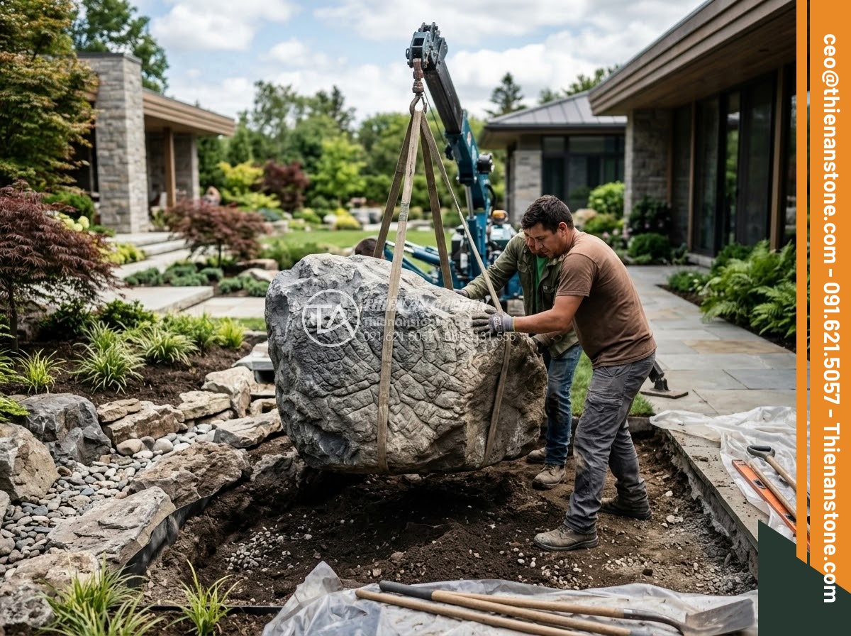 Đá Da Voi Làm Tiểu Cảnh - Delivery and installation of large elephant skin stone in luxury villa garden us