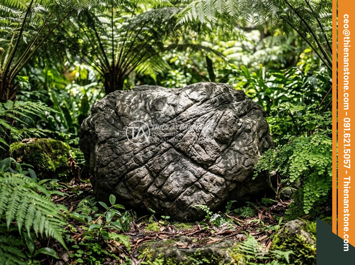 Đá Da Voi Làm Tiểu Cảnh - Elephant skin stone beneath tropical fern canopy with dappled sunlight creating 