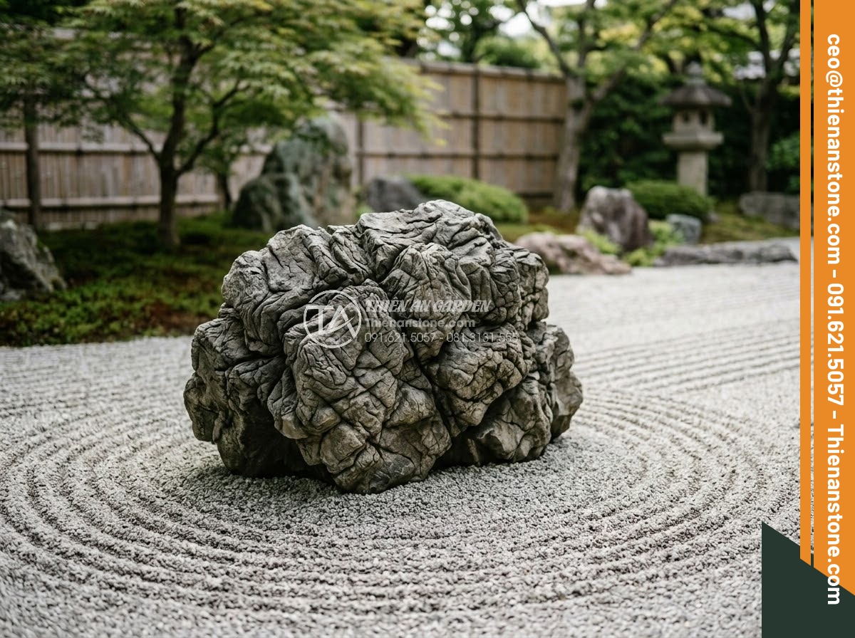 Đá Da Voi Làm Tiểu Cảnh - Elephant skin stone on raked zen garden gravel with concentric wave patterns aro