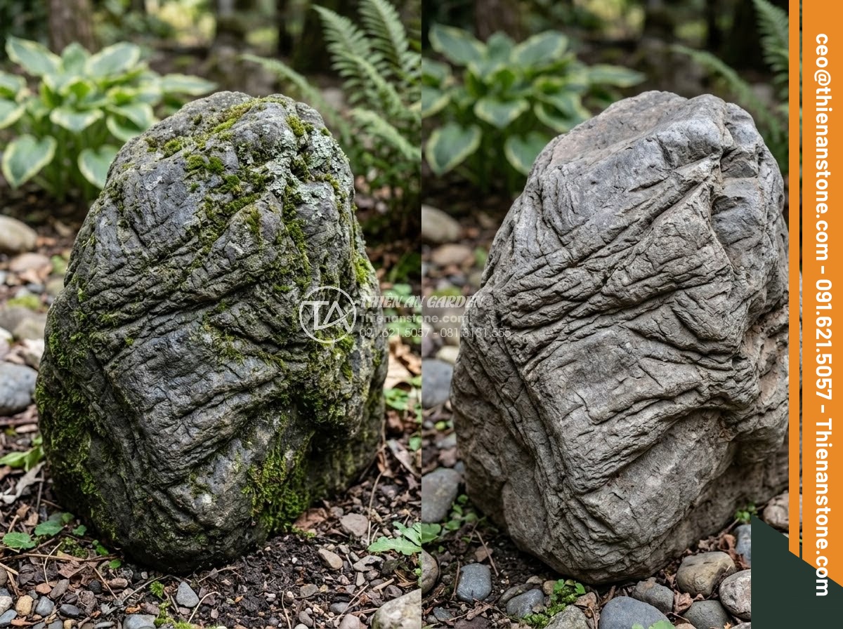 Đá Da Voi Làm Tiểu Cảnh - Comparison of new and aged elephant skin stones side by side in garden, showing 