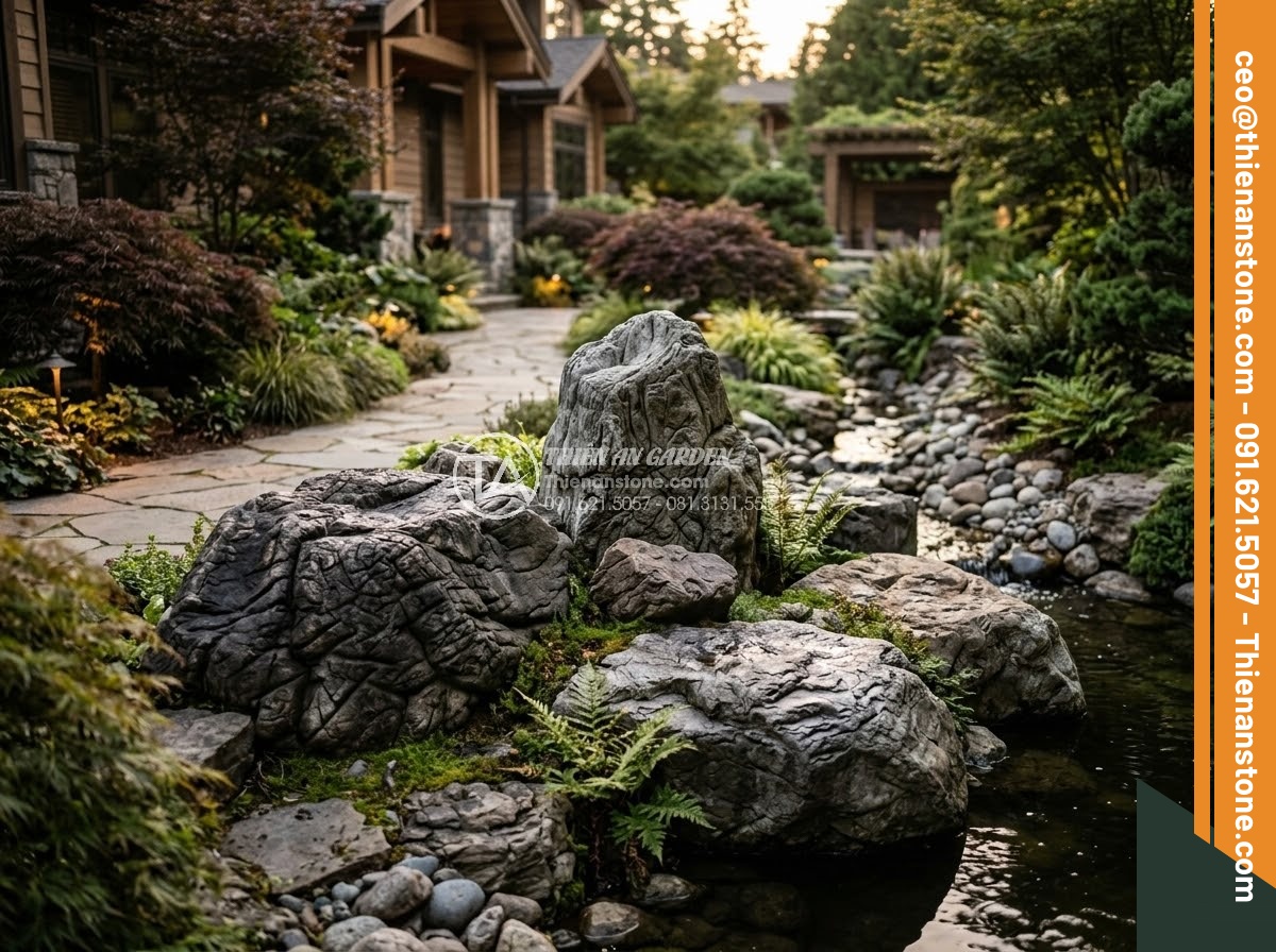 Đá Da Voi Làm Tiểu Cảnh - Final beauty shot of elephant skin stone arrangement in completed luxury garden 