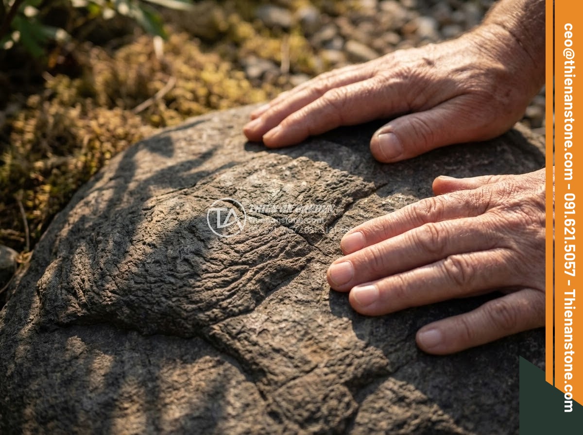 Đá Da Voi Làm Tiểu Cảnh - Hands gently touching the wrinkled surface of an elephant skin stone, warm after