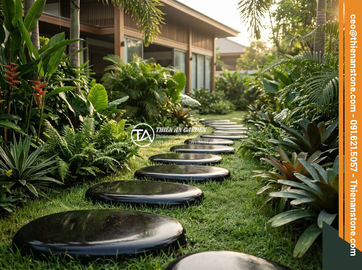 Đá Dặm Bước - Natural stepping stones pathway through lush green garden, morning dew on grass,