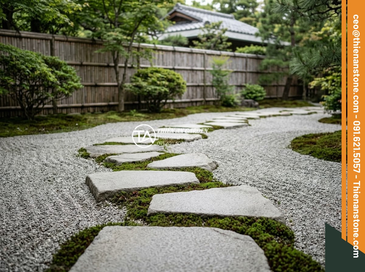 Đá Dặm Bước - Japanese style tobi-ishi stepping stones arrangement in zen garden, irregular sp