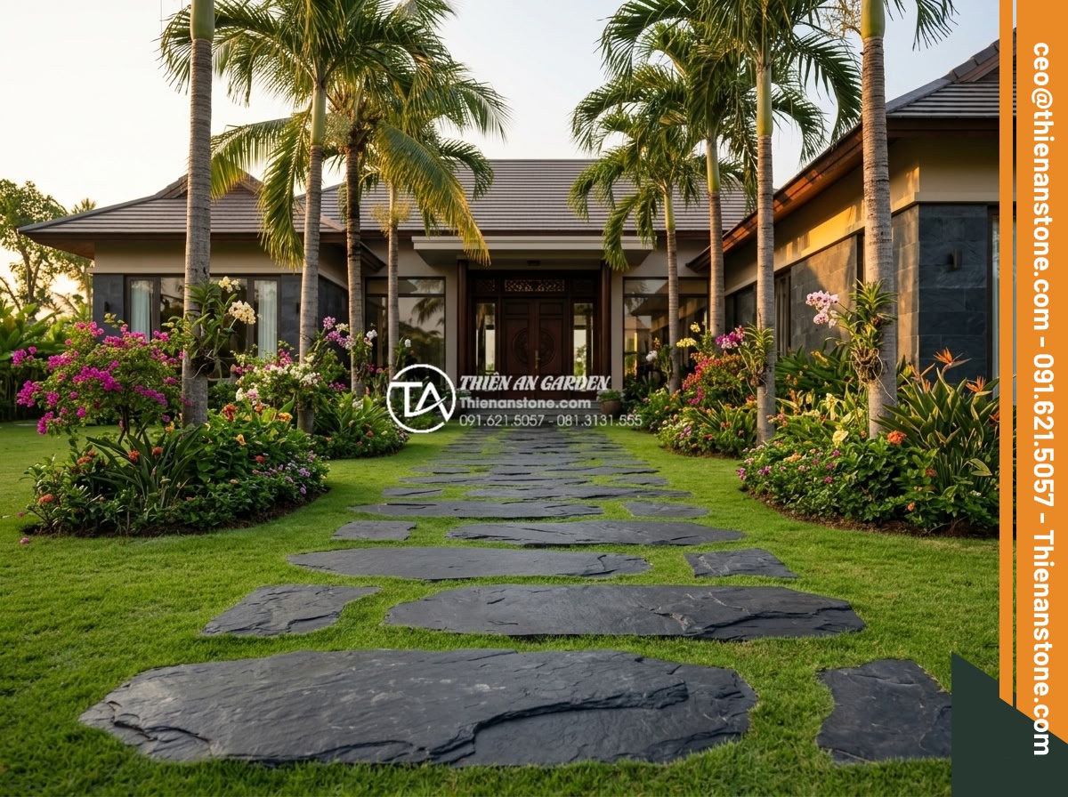 Đá Dặm Bước - Grand stepping stone entryway in luxury Vietnamese villa, large natural stones o