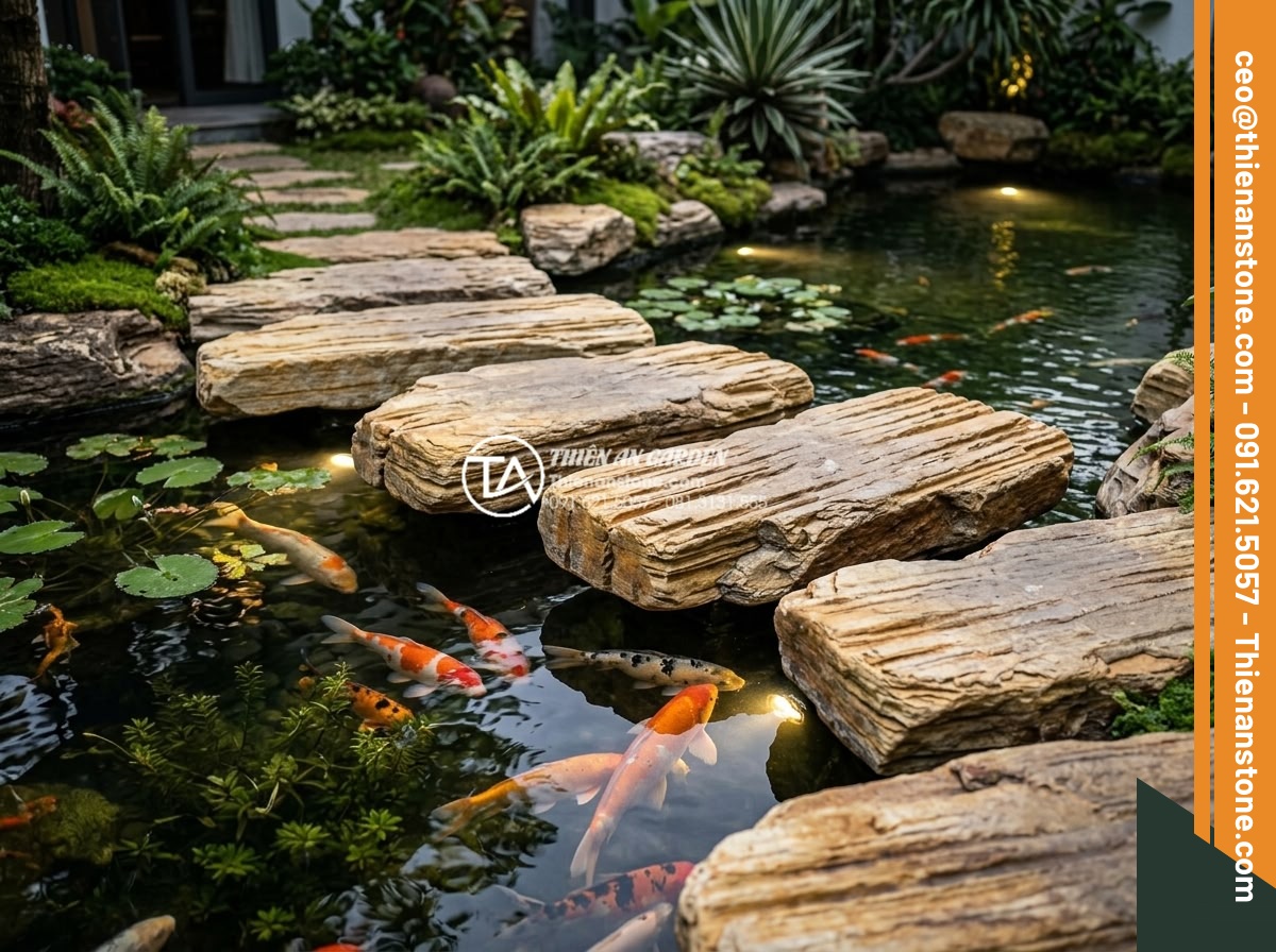 Đá Dặm Bước - Stepping stones alongside garden pond with water plants, stones partially over w