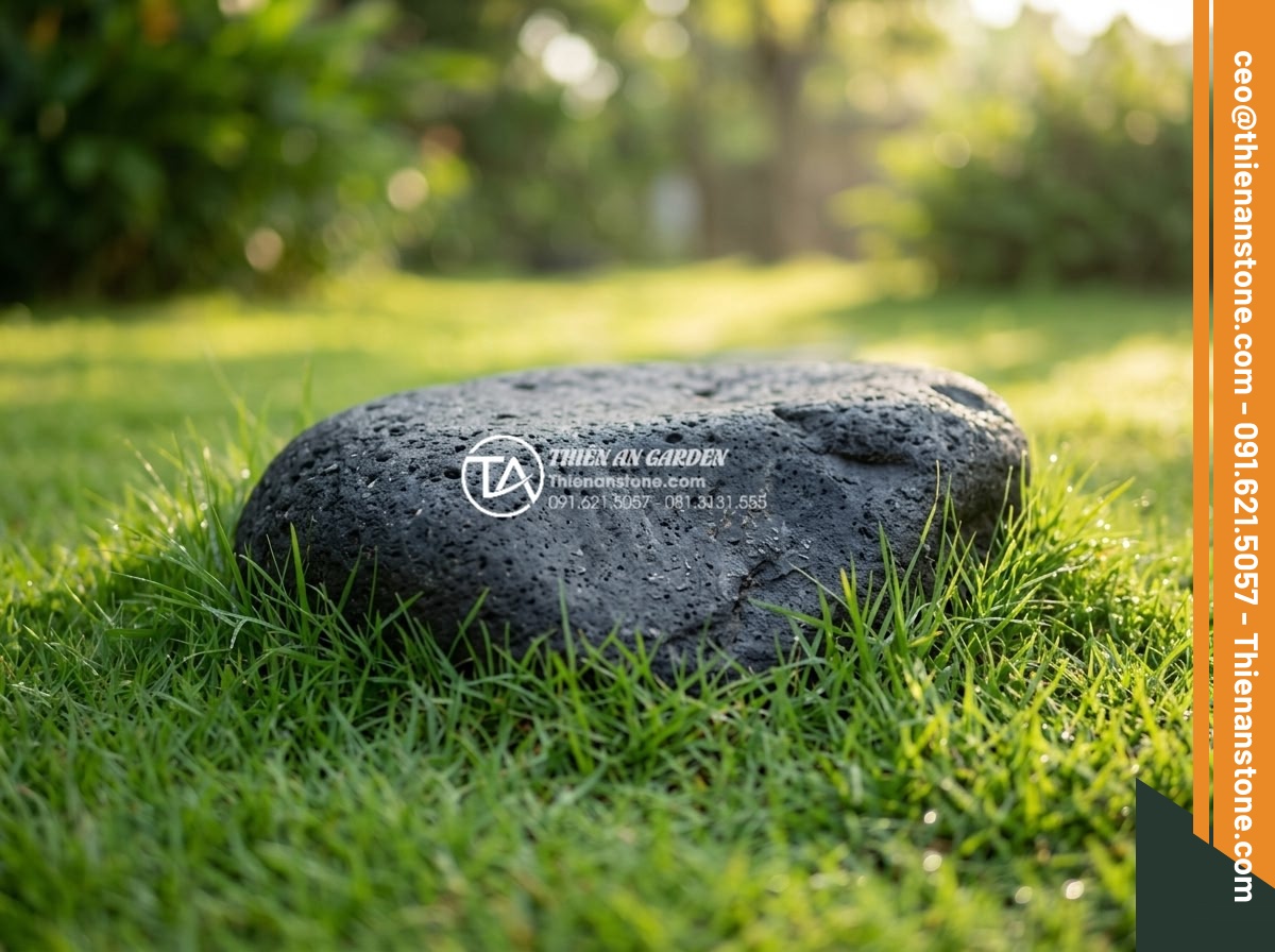 Đá Dặm Bước - Close-up of natural stone stepping stone embedded in green lawn, detailed stone 
