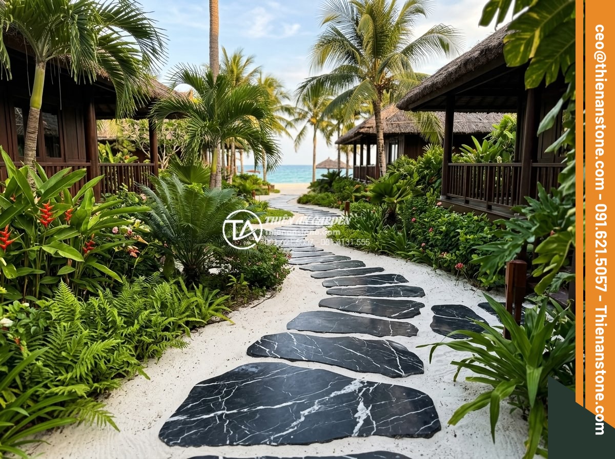Đá Dặm Bước - Stepping stone pathway in tropical beach resort, connecting wooden villas, lush 