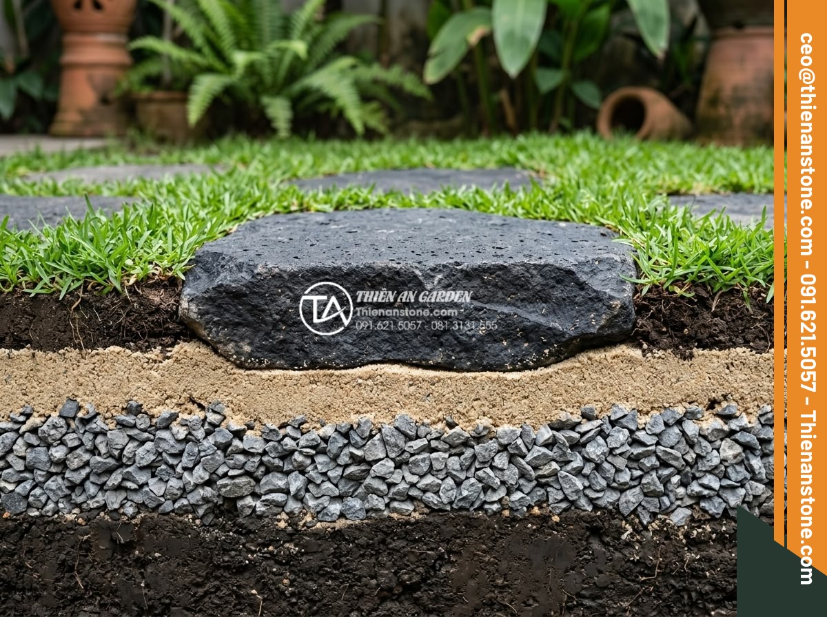 Đá Dặm Bước - Cross-section illustration of stepping stone installation process, showing grave