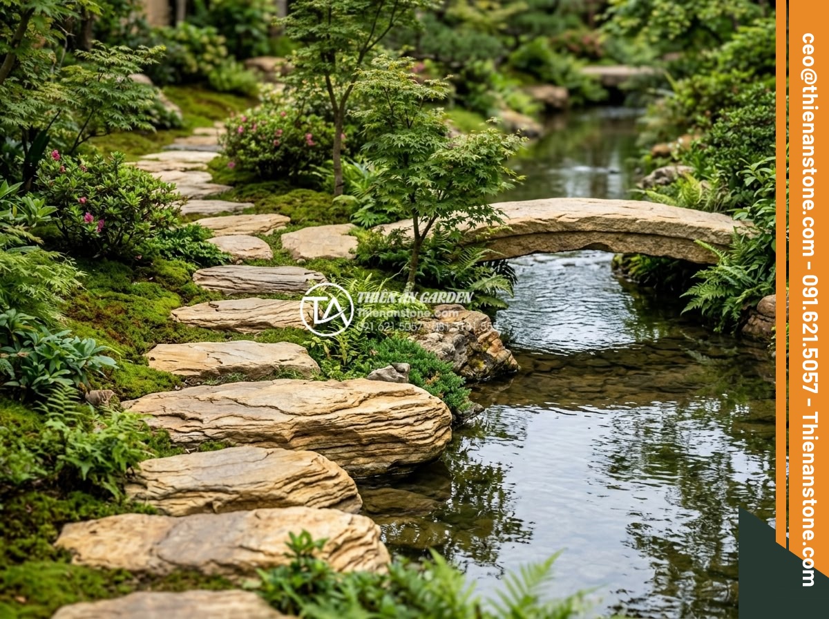 Đá Dặm Bước - Stepping stones leading to small stone bridge over stream in garden, water refle