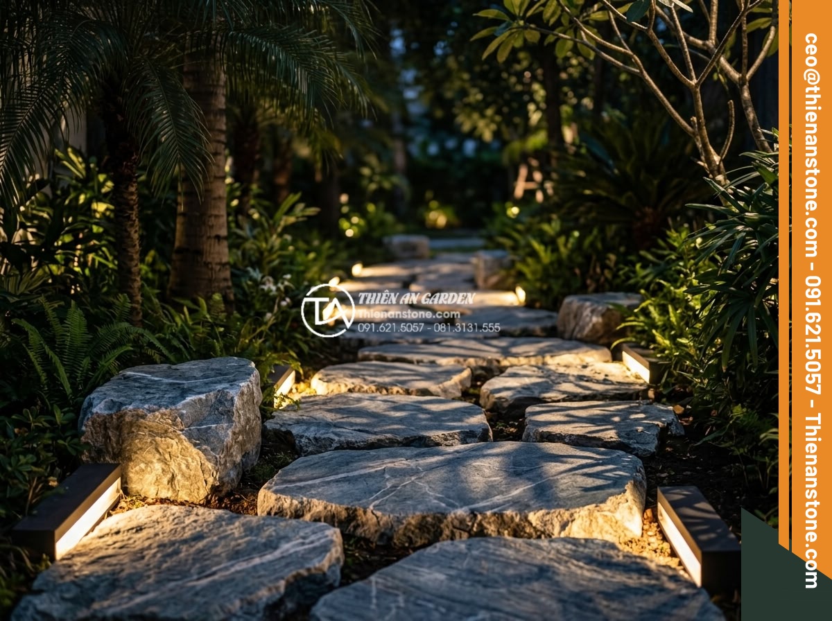 Đá Dặm Bước - Night view of stepping stone path with warm LED ground lighting, stone surfaces 