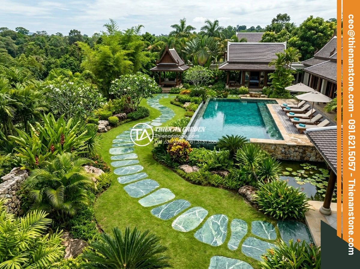 Đá Dặm Bước - Aerial view of curved stepping stone path in luxury Vietnamese villa garden, tro