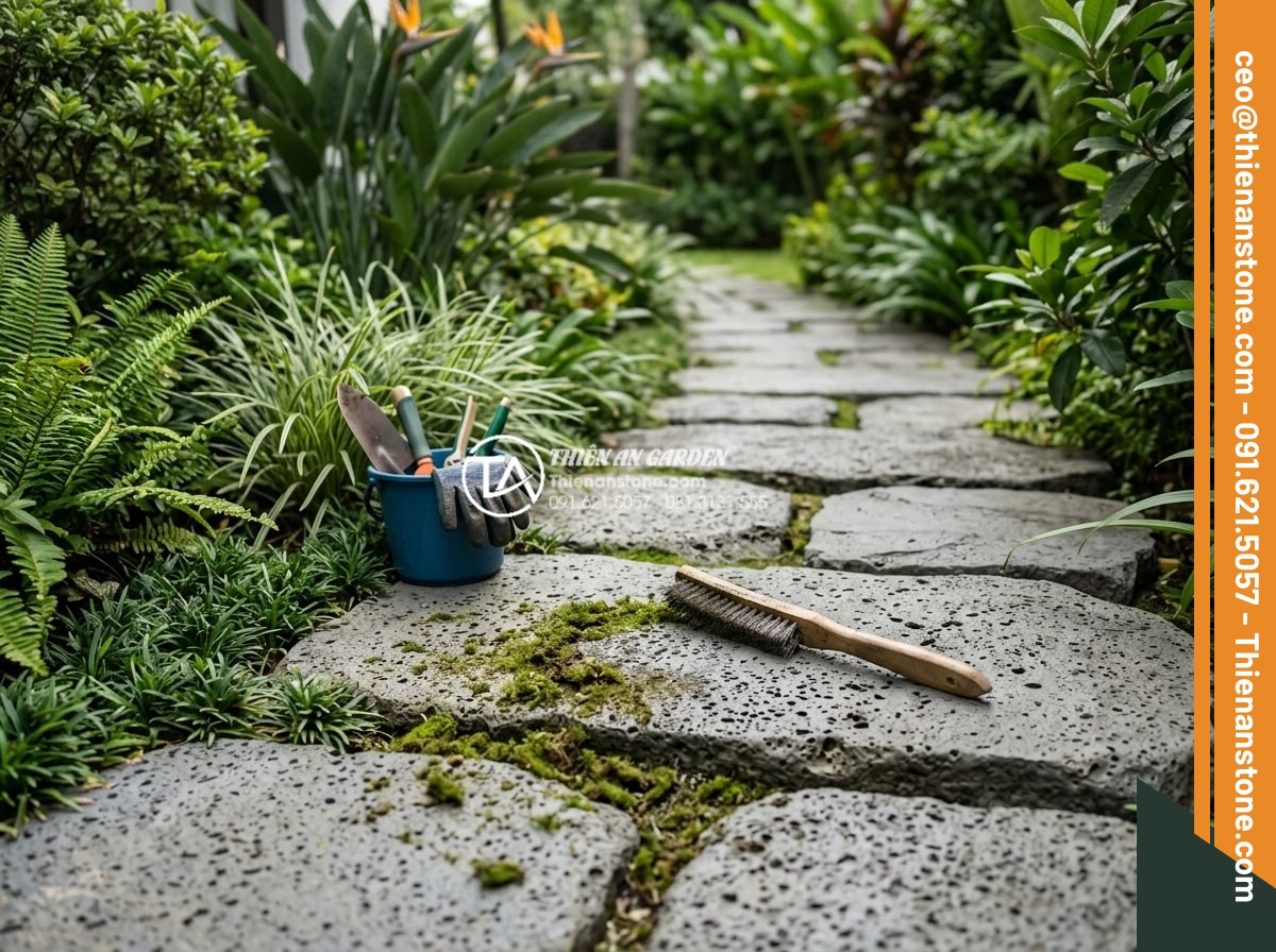Đá Dặm Bước - Maintenance scene of stepping stone pathway, garden worker cleaning moss from st