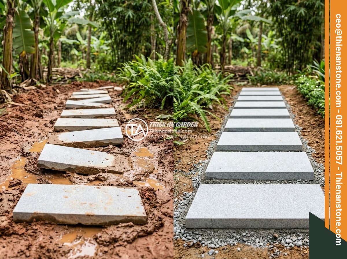 Đá Dặm Bước - Common stepping stone installation mistakes illustrated, poorly placed uneven st