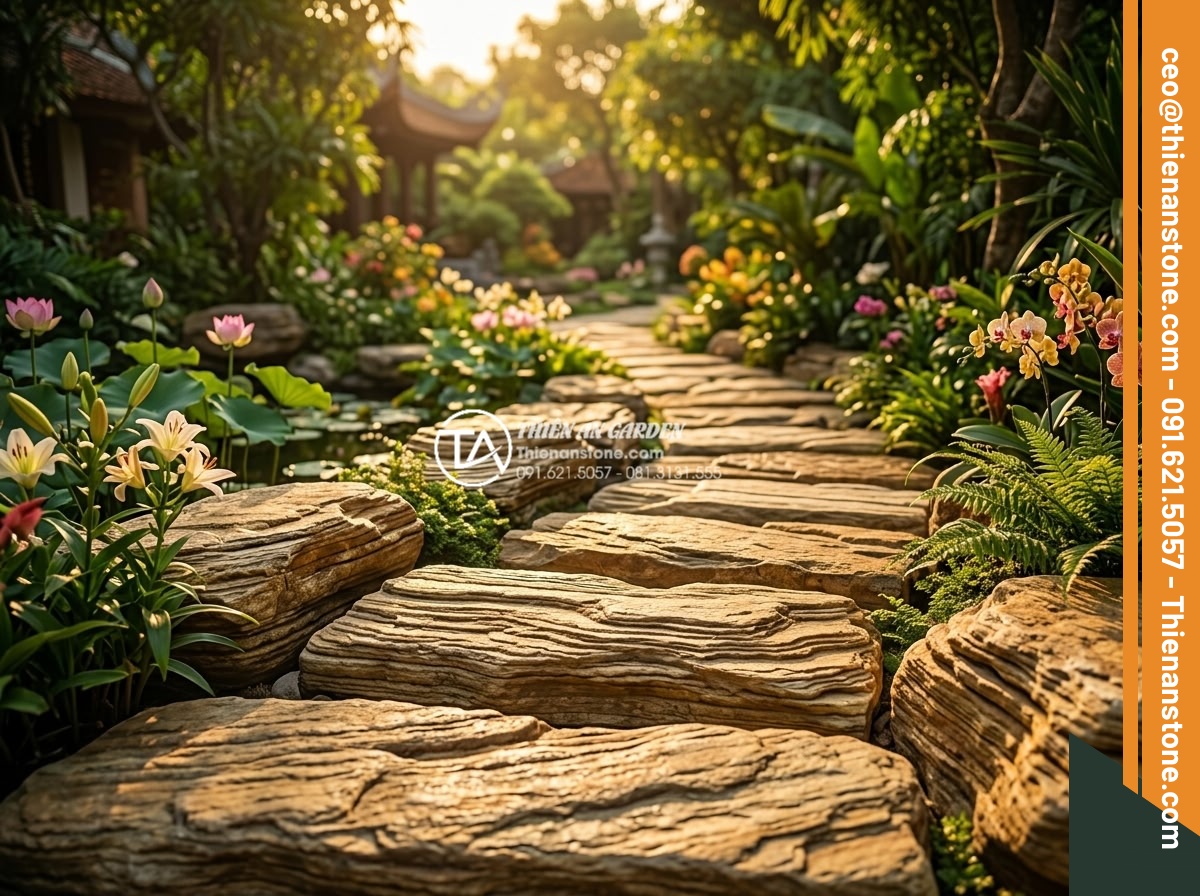 Đá Dặm Bước - Poetic final scene of stepping stone path leading into beautiful garden at golde