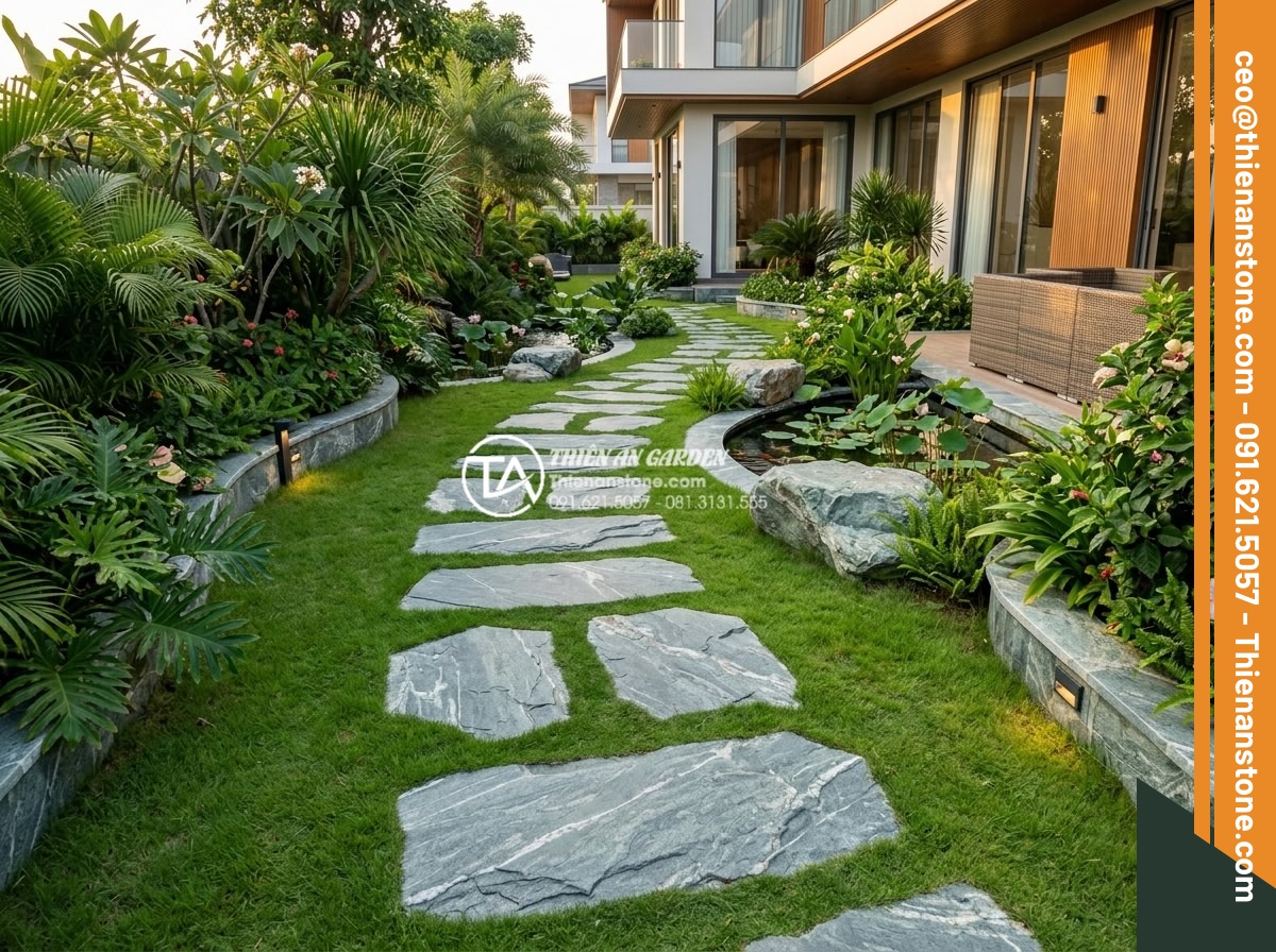 Đá Dặm Bước - Beautiful completed stepping stone installation in finished luxury garden projec