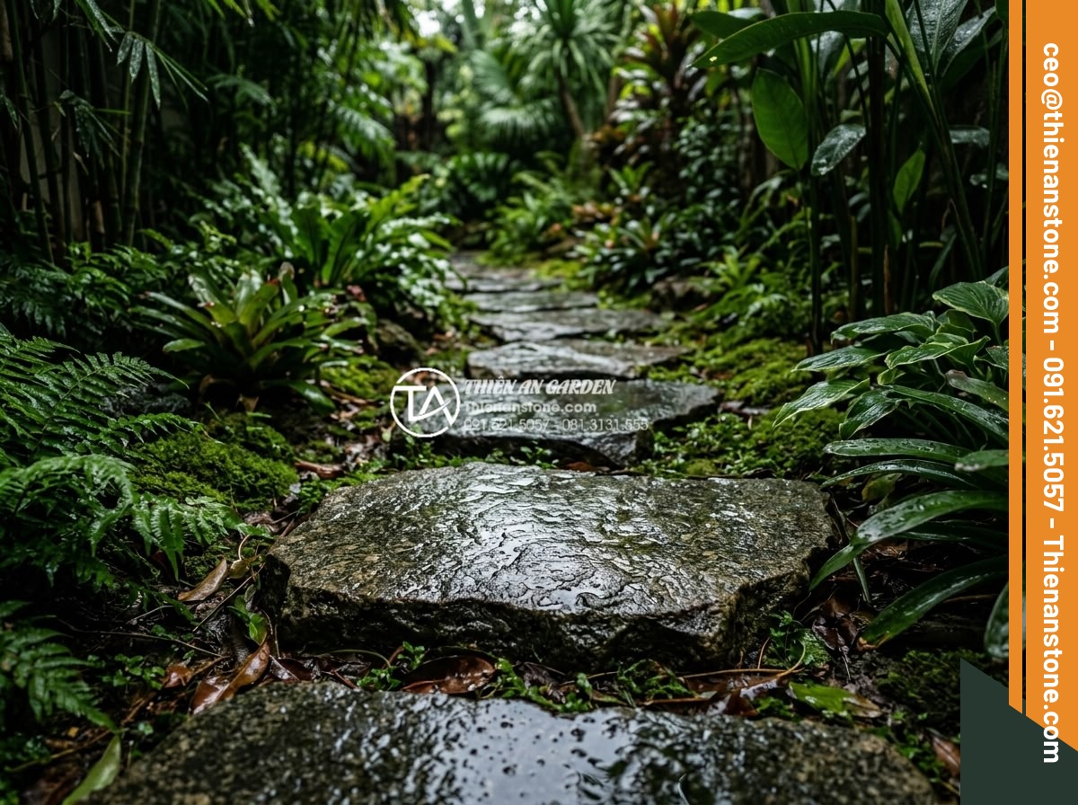 Đá Dặm Bước - Wet natural stepping stones after rain in garden pathway, reflective stone surfa