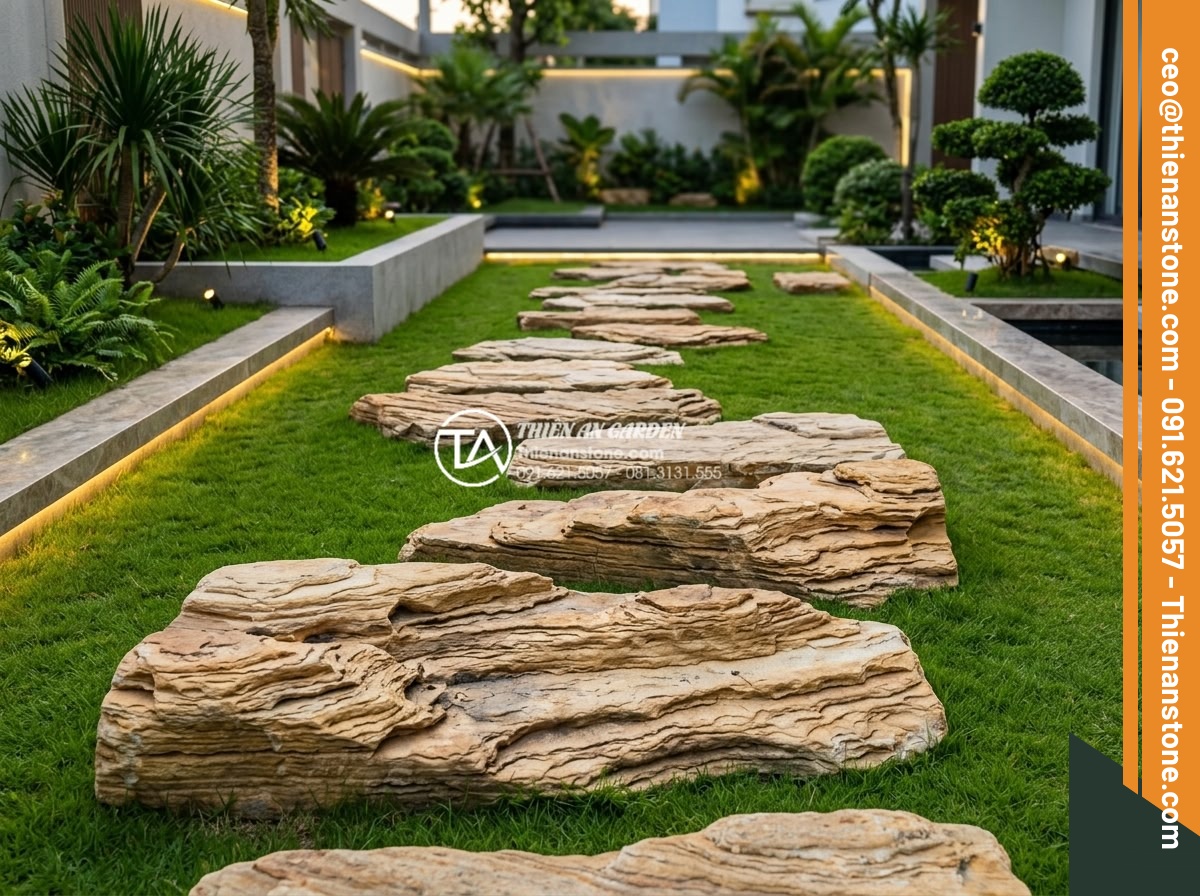 Đá Dặm Bước - Black basalt stepping stones in minimalist modern garden, sharp contrast with vi