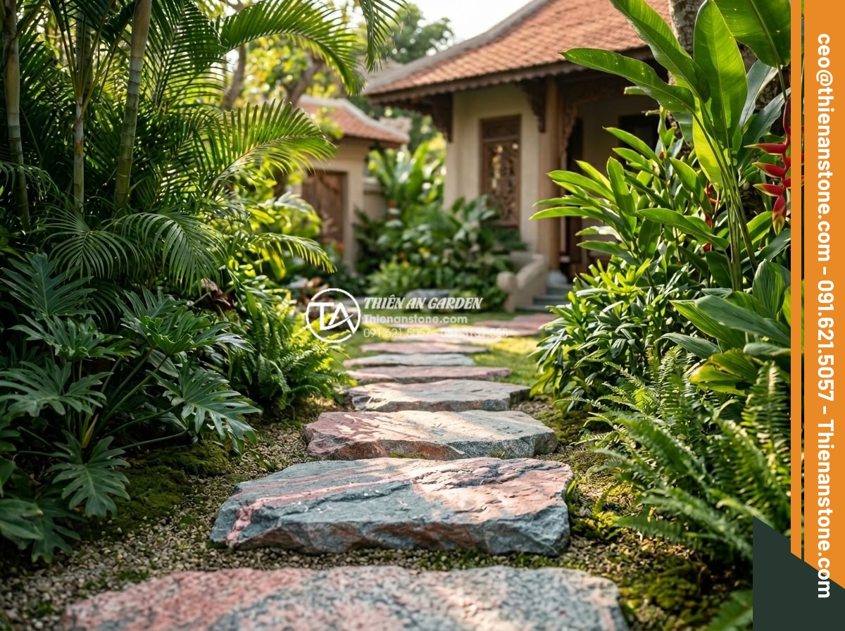 Đá Dặm Bước - Granite stepping stones in elegant villa garden, mixed pink and grey tones, spar