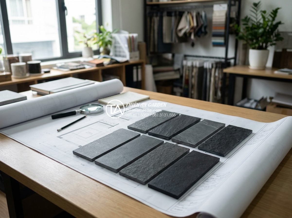 Đá Ghép Ốp Tường - Interior designer reviewing stone cladding samples against room design blueprint