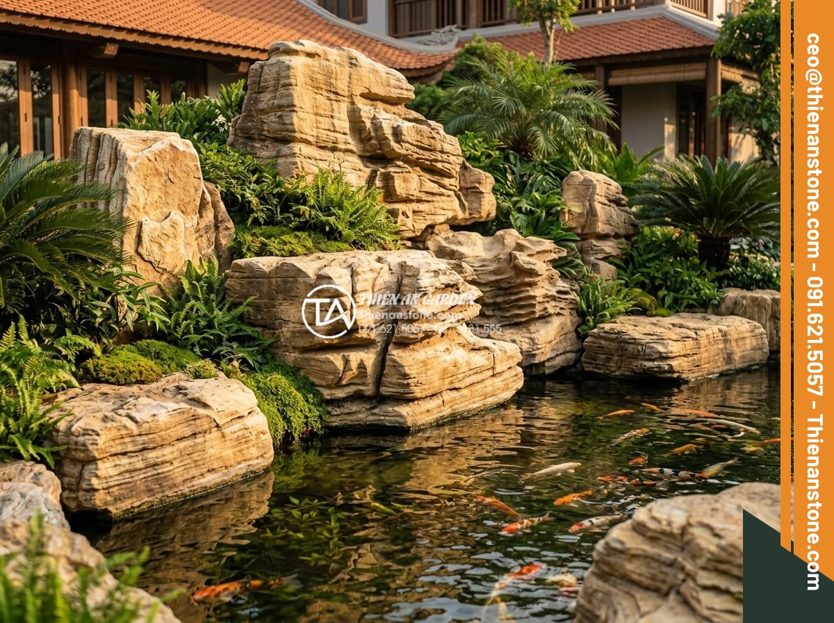 Đá Làm Hồ Cá Koi - Hình 1 Đá Làm Hồ Cá Koi - Natural stone arrangement around a luxury koi pond in a Vietnamese villa garden,