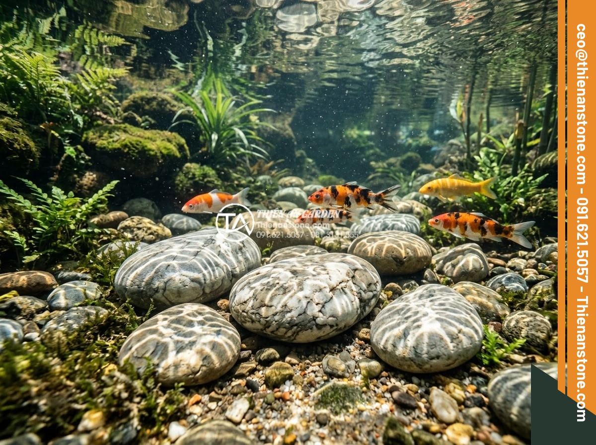 Đá Làm Hồ Cá Koi - Hình 10 Đá Làm Hồ Cá Koi - Cloud pattern pebbles submerged in crystal clear koi pond water, natural veining