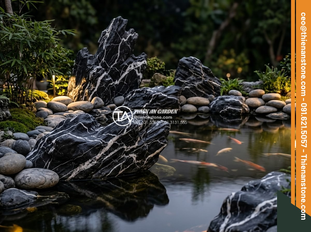 Đá Làm Hồ Cá Koi - Hình 11 Đá Làm Hồ Cá Koi - Cloud pattern pebbles arranged around modern minimalist koi pond at night, subtl