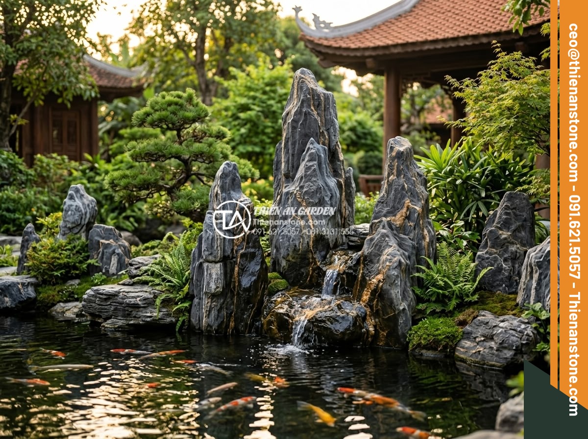 Đá Làm Hồ Cá Koi - Hình 12 Đá Làm Hồ Cá Koi - Japanese style koi pond with carefully arranged odd-number stone groupings, thre
