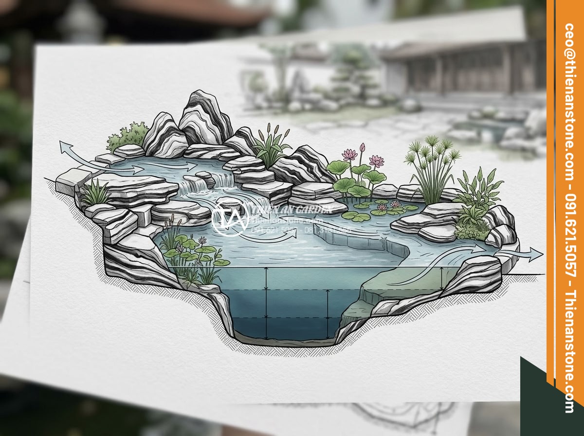 Đá Làm Hồ Cá Koi - Hình 13 Đá Làm Hồ Cá Koi - Cross-section illustration of koi pond stone layout showing different water dept