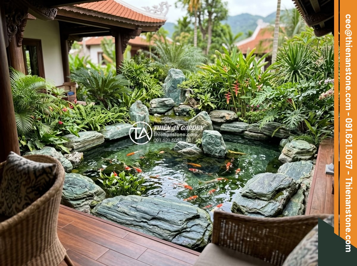 Đá Làm Hồ Cá Koi - Hình 14 Đá Làm Hồ Cá Koi - View from a luxury villa terrace looking down at a beautifully designed koi pond
