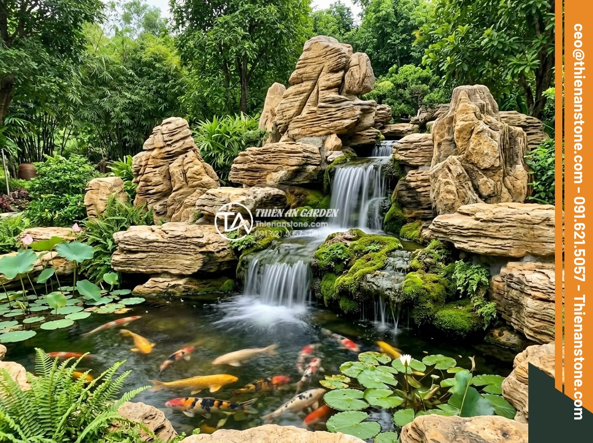 Đá Làm Hồ Cá Koi - Hình 15 Đá Làm Hồ Cá Koi - Natural stone waterfall cascading into a koi pond, water flowing between careful