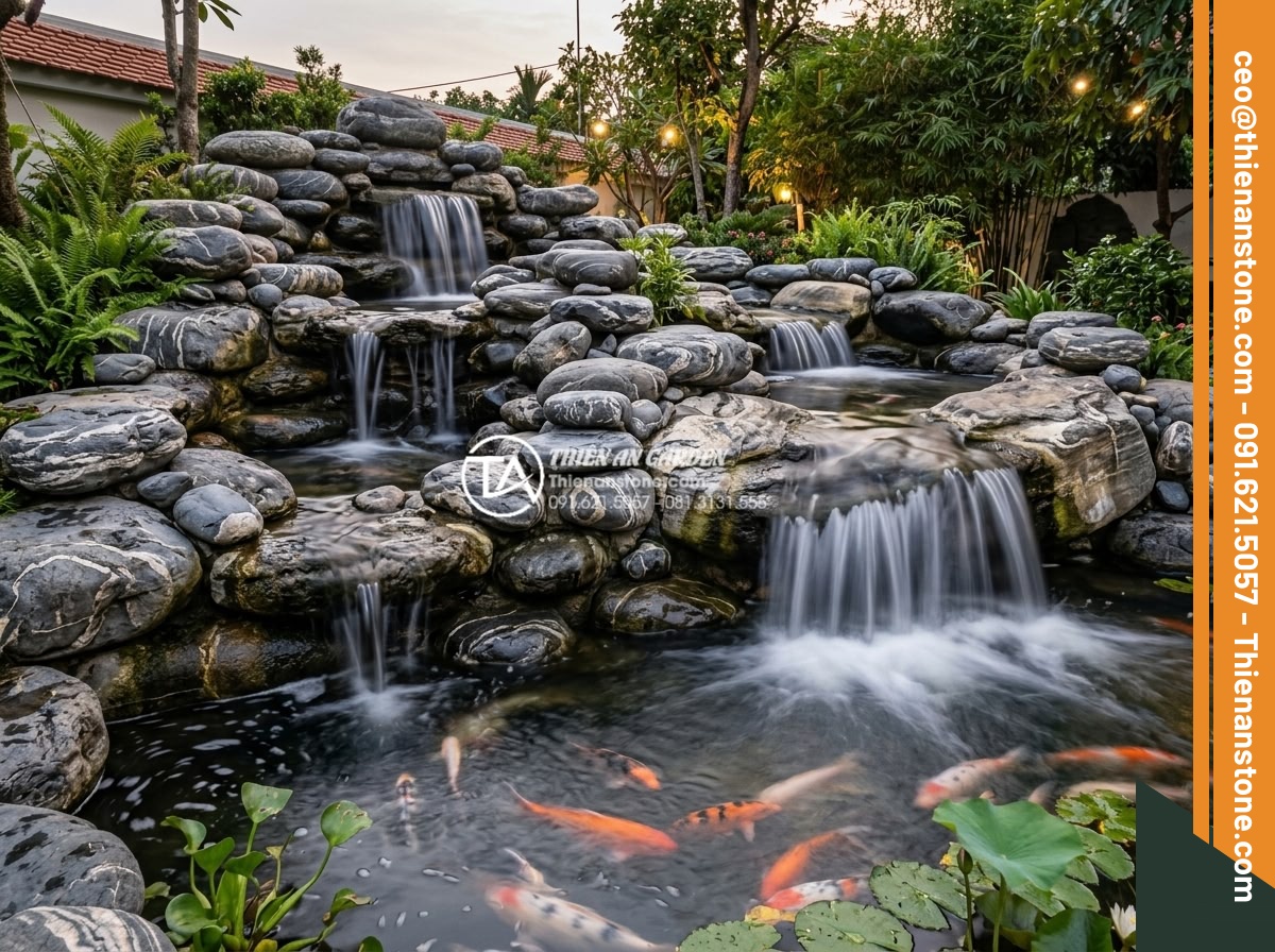 Đá Làm Hồ Cá Koi - Hình 16 Đá Làm Hồ Cá Koi - Multiple water flow paths through natural stone tiers in koi pond, different wat