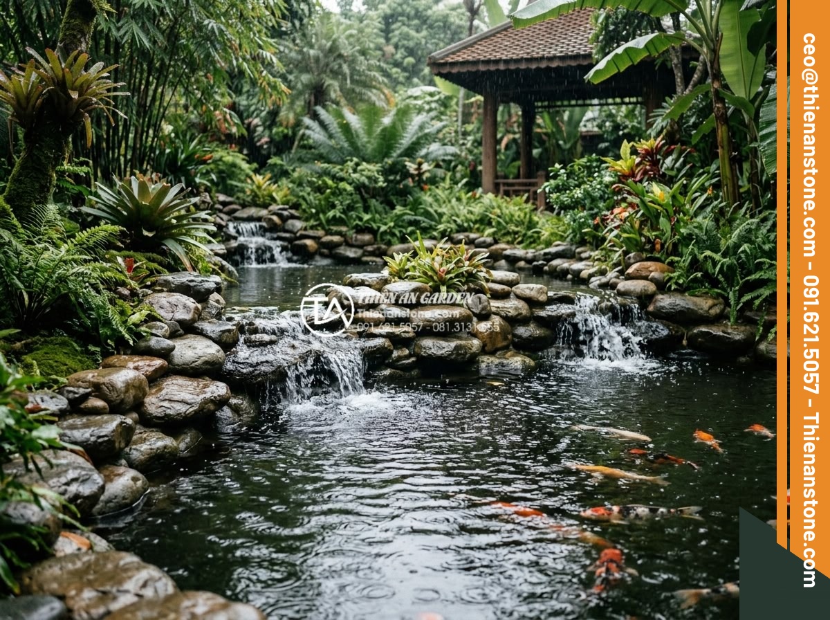 Đá Làm Hồ Cá Koi - Hình 17 Đá Làm Hồ Cá Koi - Koi pond during light rain, water cascading over natural stones creating multipl