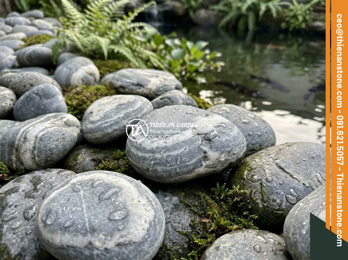 Đá Làm Hồ Cá Koi - Hình 2 Đá Làm Hồ Cá Koi - Close-up of various natural stones with different textures and colors arranged b
