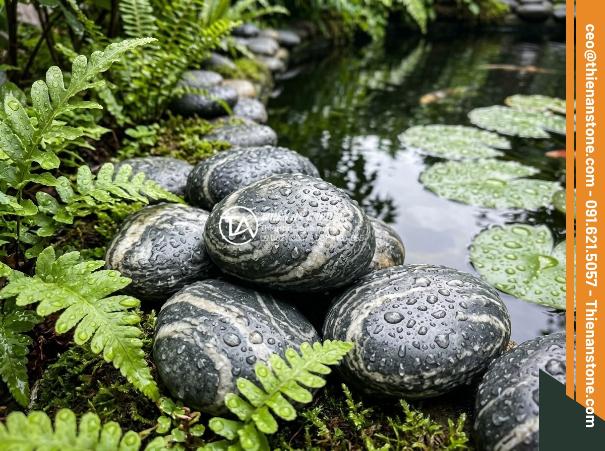 Đá Làm Hồ Cá Koi - Hình 23 Đá Làm Hồ Cá Koi - Koi pond stone edge after rain with water droplets on rocks and leaves, sparklin