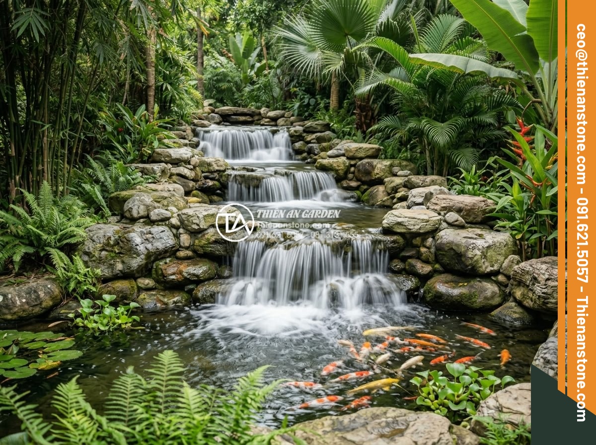 Đá Làm Hồ Cá Koi - Hình 24 Đá Làm Hồ Cá Koi - Multi-tier natural stone waterfall flowing into koi pond, three cascading levels