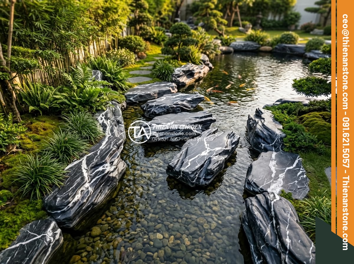 Đá Làm Hồ Cá Koi - Hình 25 Đá Làm Hồ Cá Koi - Artificial stream connecting to koi pond, natural pebble bottom, stepping stones