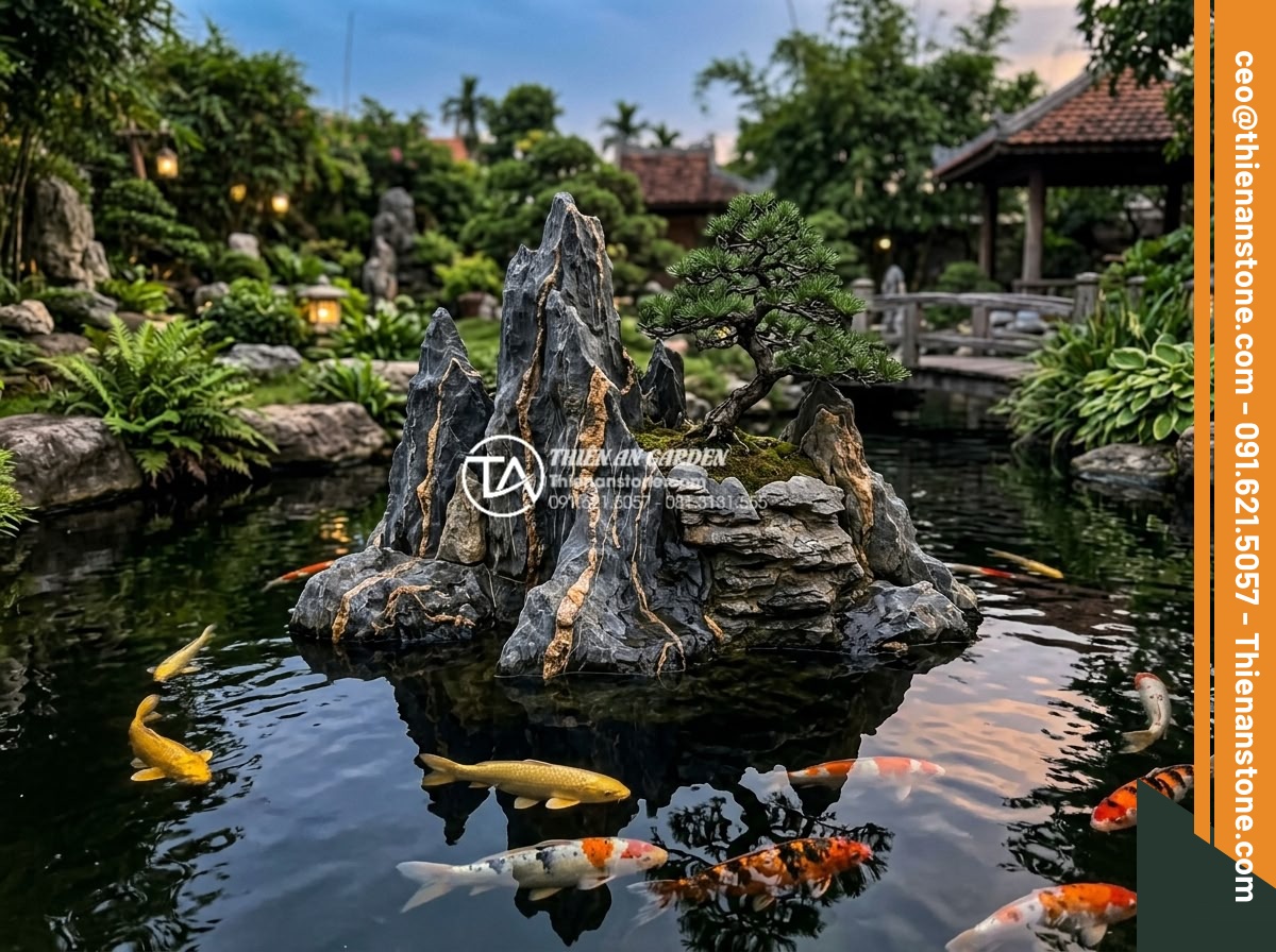 Đá Làm Hồ Cá Koi - Hình 26 Đá Làm Hồ Cá Koi - Small stone island in the middle of koi pond with bonsai tree on top, koi fish s