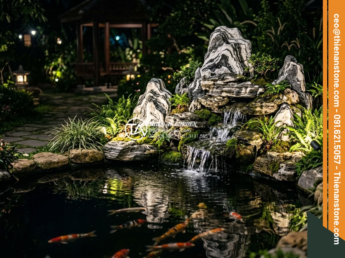 Đá Làm Hồ Cá Koi - Hình 27 Đá Làm Hồ Cá Koi - Miniature rockery beside koi pond with water flowing from rockery into pond, nig