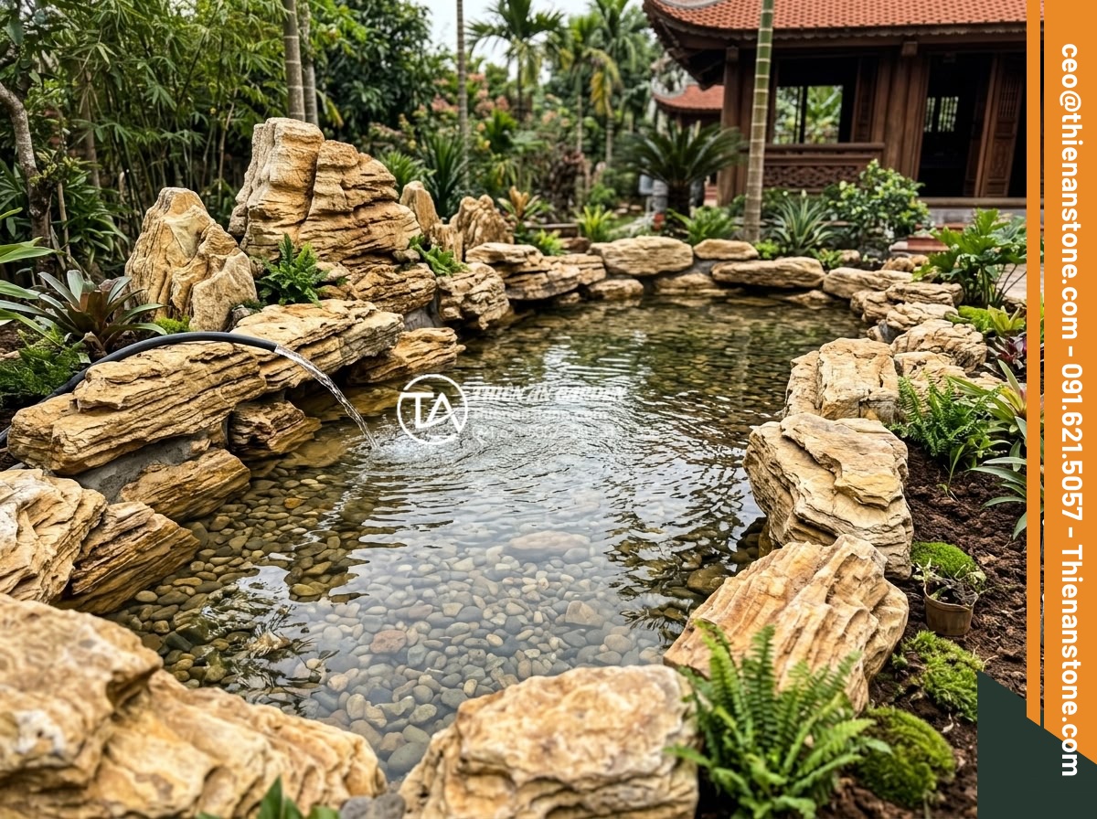 Đá Làm Hồ Cá Koi - Hình 29 Đá Làm Hồ Cá Koi - Completed natural stone koi pond filling with water for first time, clean pebble