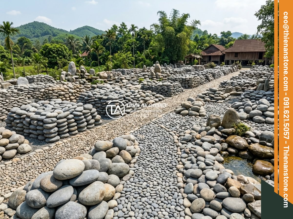 Đá Làm Hồ Cá Koi - Hình 3 Đá Làm Hồ Cá Koi - Panoramic view of a stone exhibition yard with natural rocks of different sizes