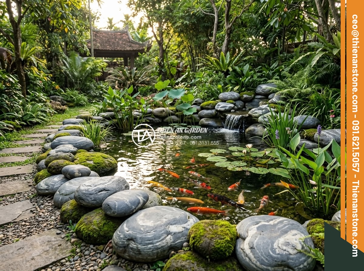 Đá Làm Hồ Cá Koi - Hình 30 Đá Làm Hồ Cá Koi - Mature koi pond two months after construction, natural stone edges covered with