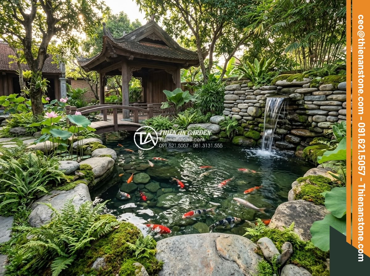 Đá Làm Hồ Cá Koi - Hình 31 Đá Làm Hồ Cá Koi - Beautiful mature koi pond showcasing all advantages of natural stone, clear wate